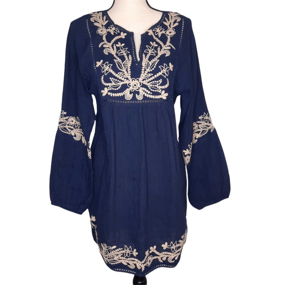 MISA Los Angeles Layan Navy Embroidered Long Sleeve Dress Small